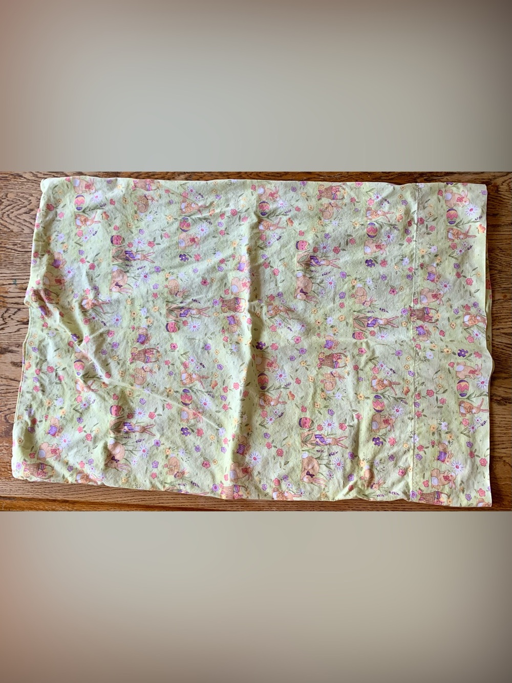 vintage style whimsical pillowcase pastel Easter bunny florals soft green